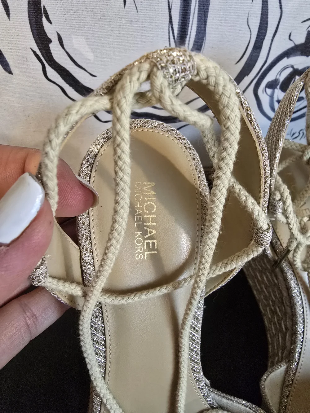 Michael Kors Metallic Gold Lace Up Ankle Ties Wedges Espadrilles Sandals 9 - Picture 4 of 9